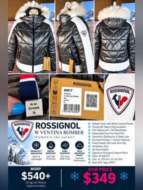 Rossignol Ventina Bomber Ski Jacket XL Silver PrimaLoft Faux Fur NWT